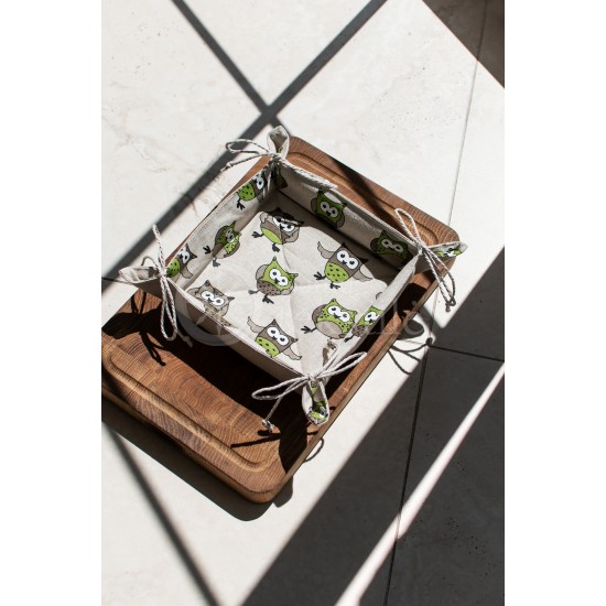 Colourful half-linen bread basket "Owls green"